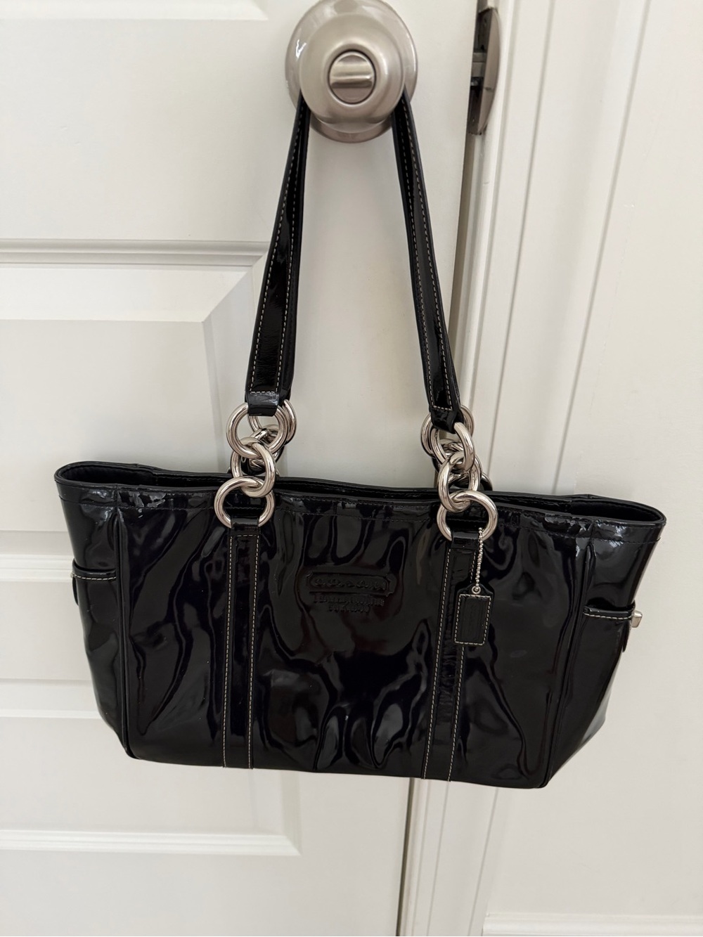 Coach Black Patent Leather Shoulder Bag with Silver Hardware